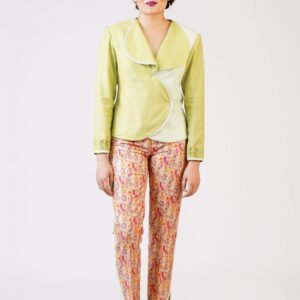 Wide collared assymetric shirt added with pencil fit trouser