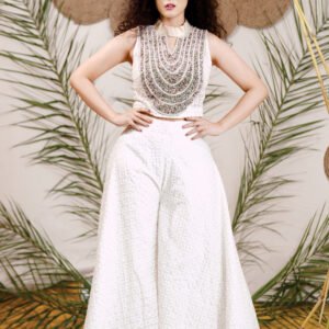 Extended waist top with highly embelished jewel neck added with plazo