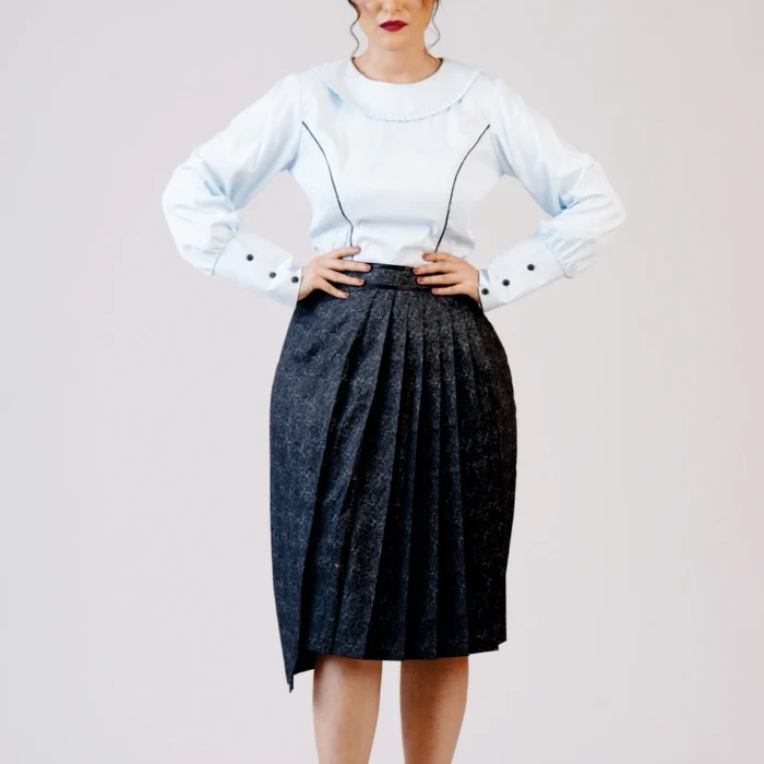 White Pleated Blouse & Asymmetric Skirt Set