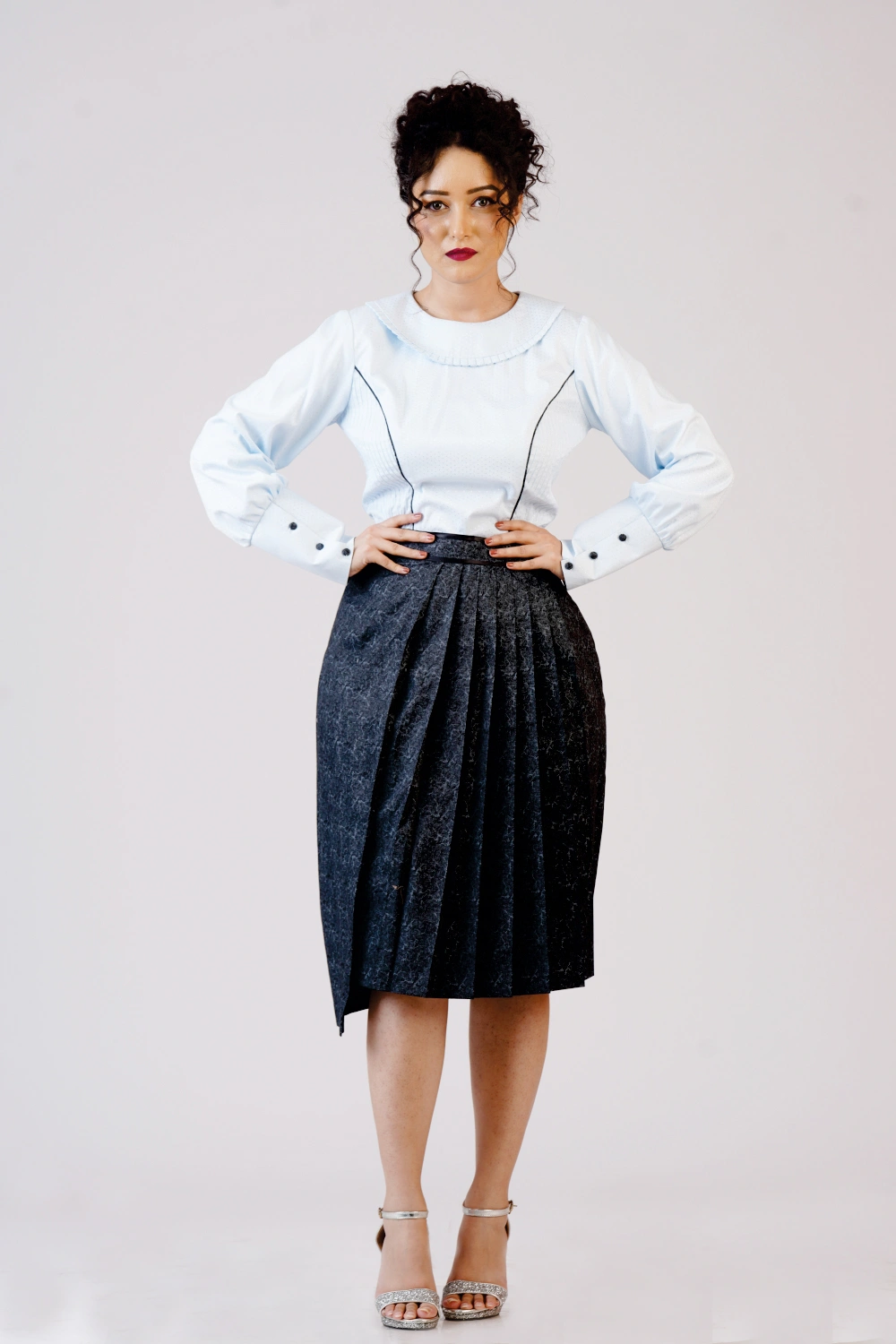 White Pleated Blouse & Asymmetric Skirt Set