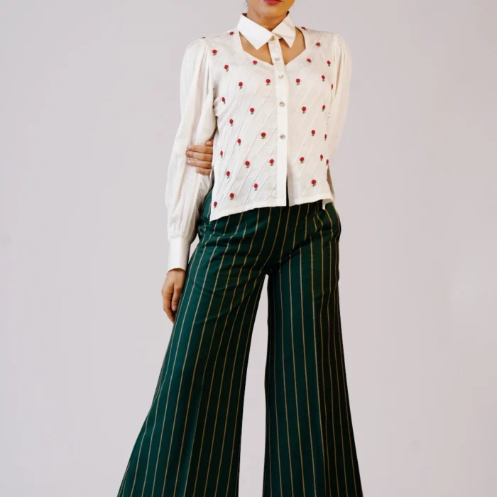 Floral Embroidered Shirt & Wide-Leg Trouser Set