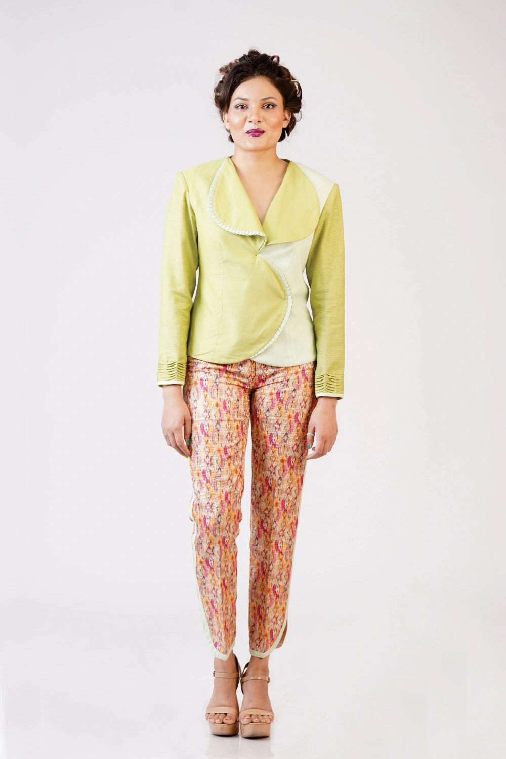 Lime Wrap Top & Printed Trouser Set