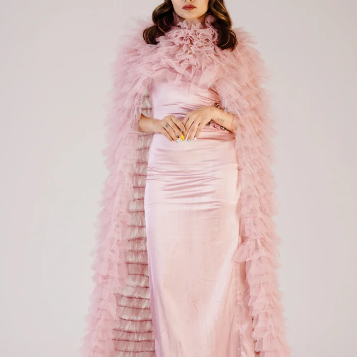 Blush Ruffle Cape Maxi Dress