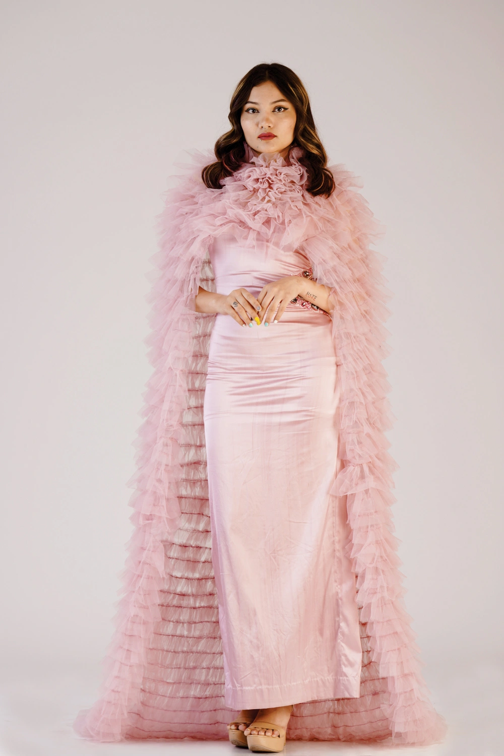 Blush Ruffle Cape Maxi Dress