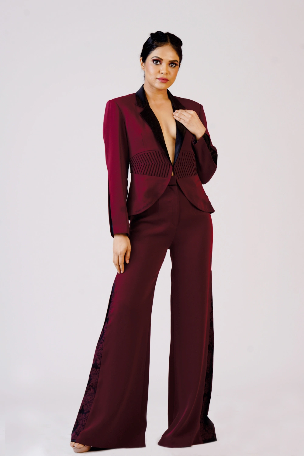 Burgundy Tuxedo Flared Trouser Set
