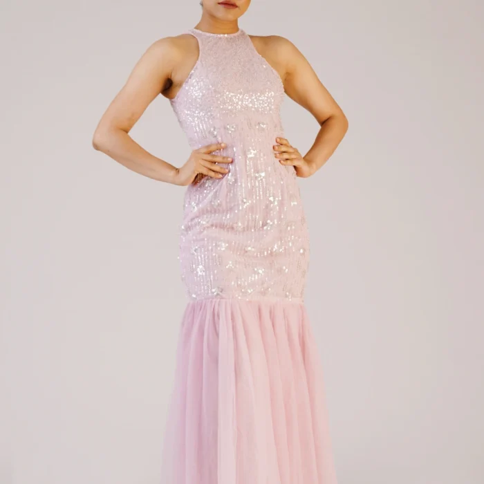 Pink Sequin Halter Tulle Maxi Dress
