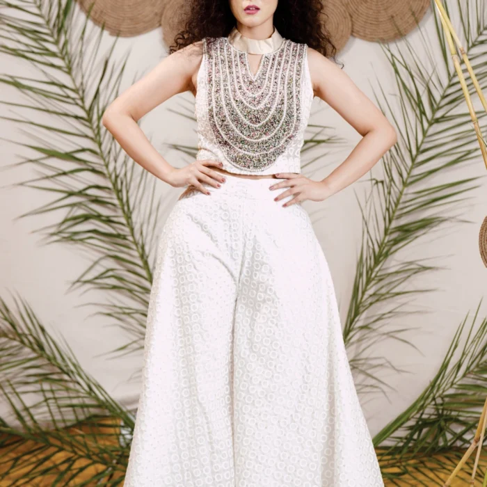 Ivory Embellished Crop Top with Wide-Leg Palazzo Pants