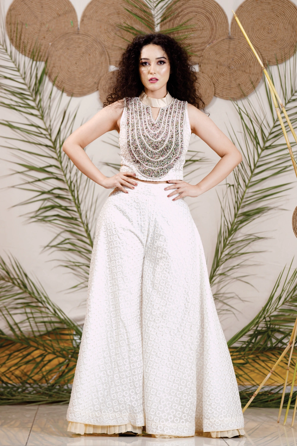 Ivory Embellished Crop Top with Wide-Leg Palazzo Pants