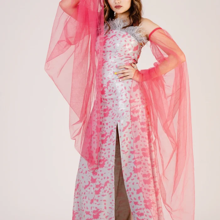 Pink Sequin Embellished Jumpsuit with Sheer Cape