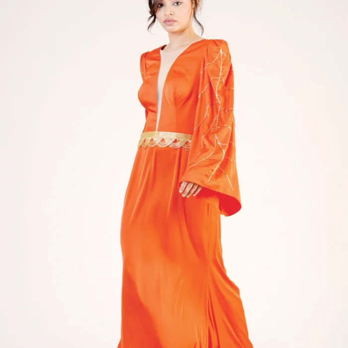 Orange Satin Bell-Sleeve Maxi Dress