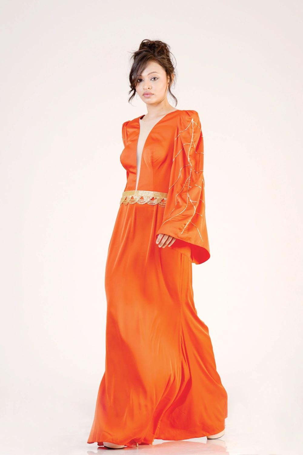Orange Satin Bell-Sleeve Maxi Dress