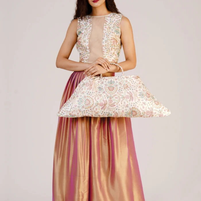 Floral Mesh Crop Top & Metallic Pleated Palazzo Set