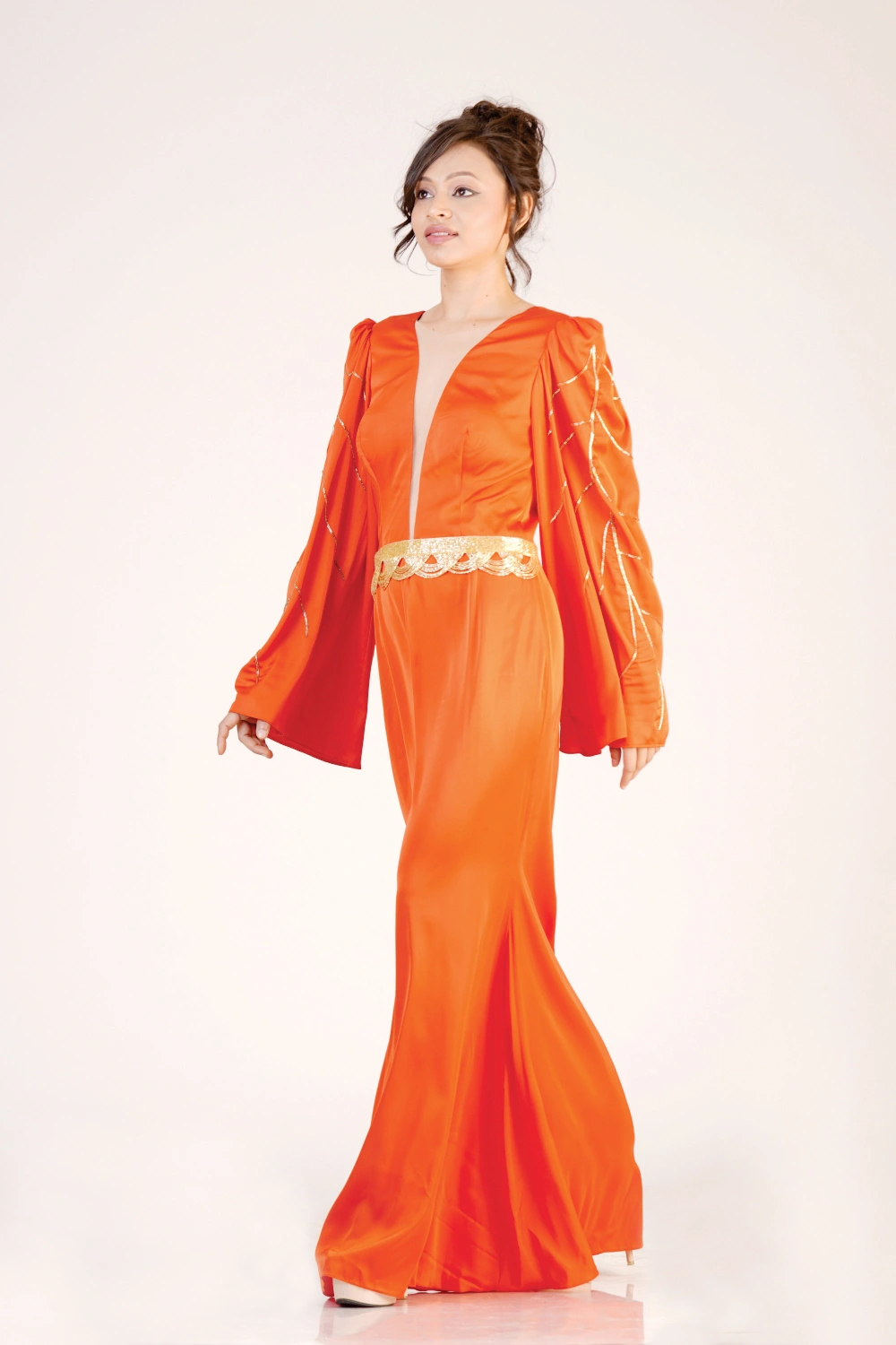 Orange Satin Bell-Sleeve Maxi Dress - Image 6