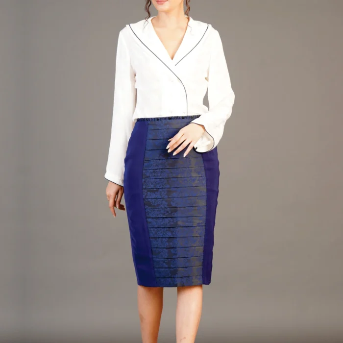 White Blazer & Blue Pencil Skirt Set