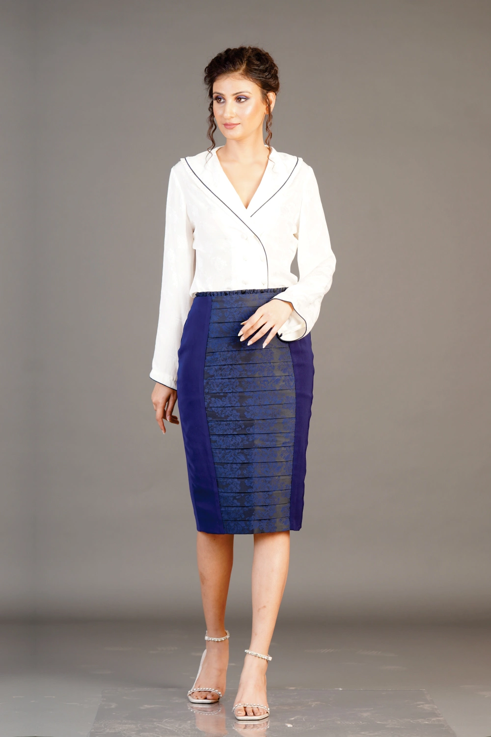 White Blazer & Blue Pencil Skirt Set