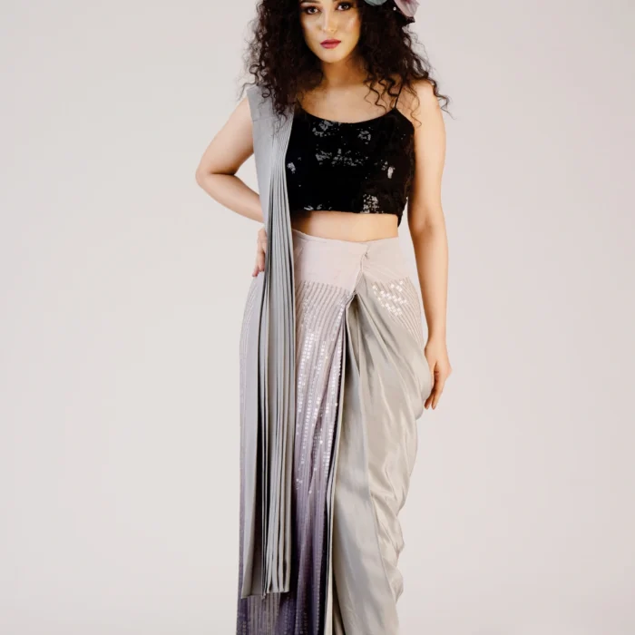 Black Sequin Crop Top with Draped Saree Skirt