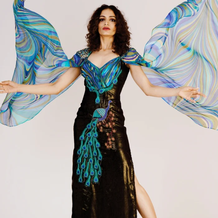 Black Peacock Embroidered Maxi Dress with Draped Cape