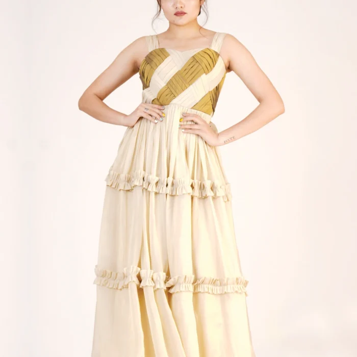 Ivory & Gold Pleated Tiered Maxi Dress
