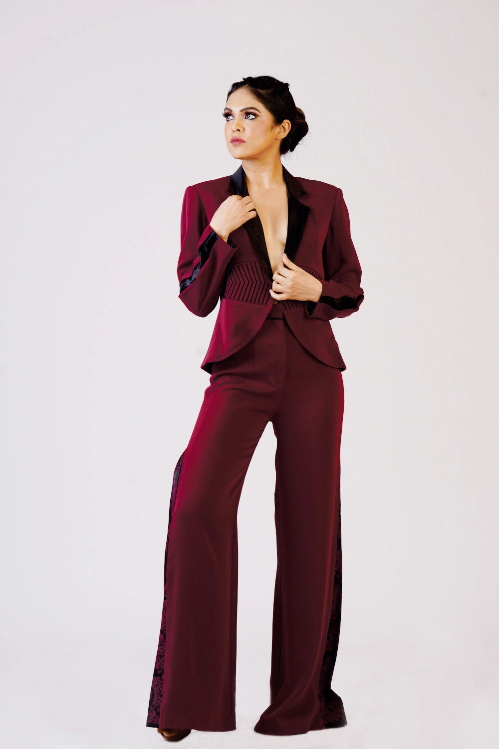 Burgundy Tuxedo Flared Trouser Set - Image 11