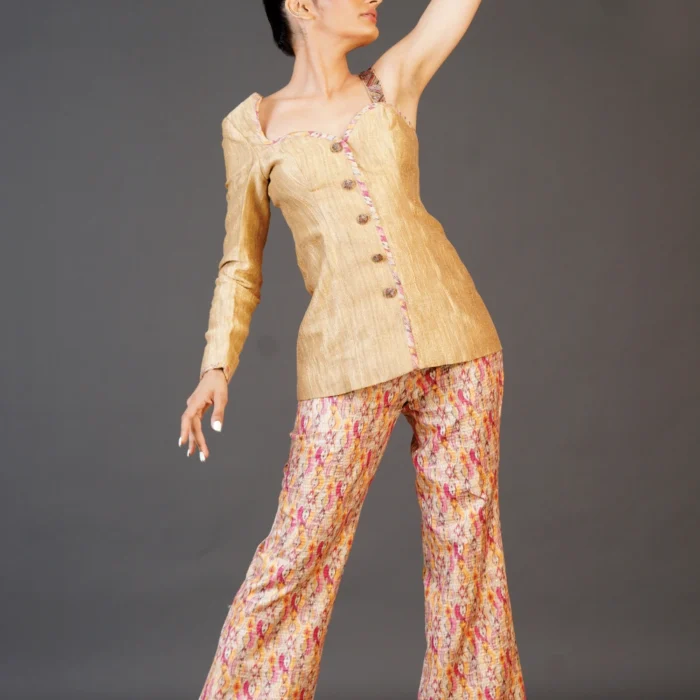 Gold Textured Top & Printed Flared Trouser Set