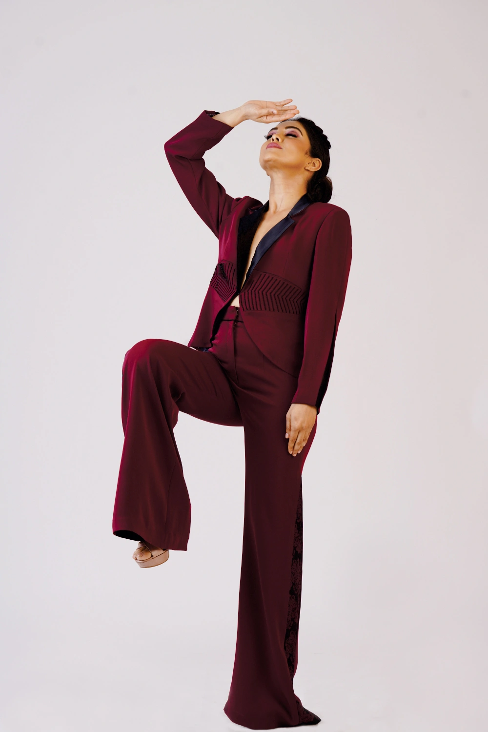 Burgundy Tuxedo Flared Trouser Set - Image 5