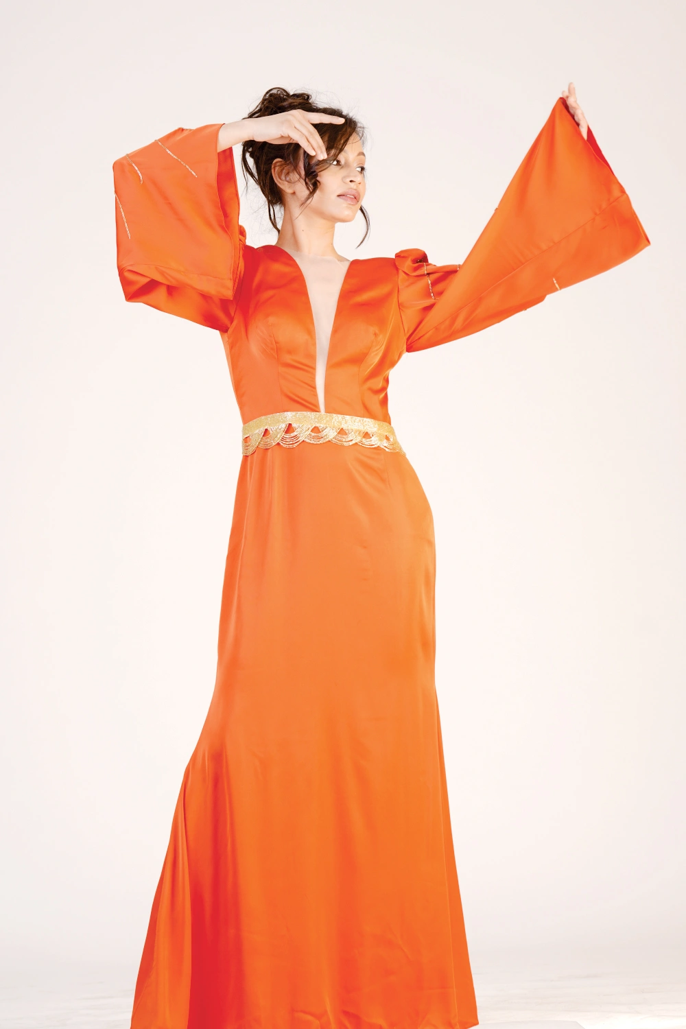 Orange Satin Bell-Sleeve Maxi Dress - Image 11