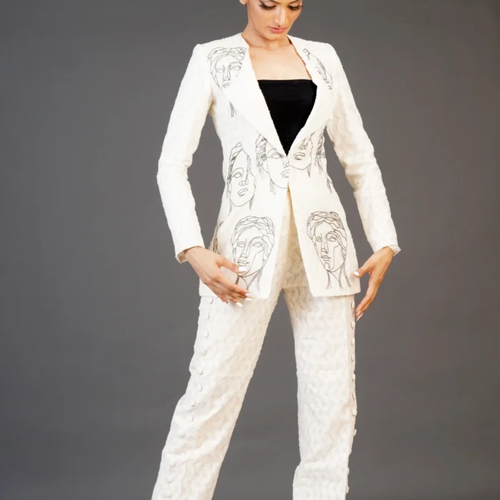 White Embroidered Blazer & Trouser Set