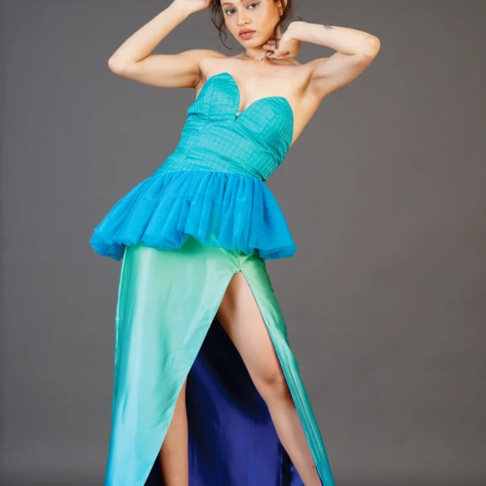 Aqua Peplum Slit Maxi Dress