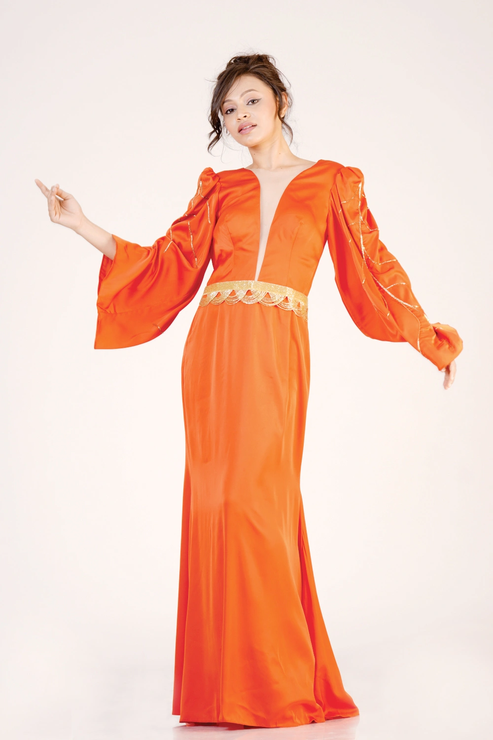 Orange Satin Bell-Sleeve Maxi Dress - Image 10