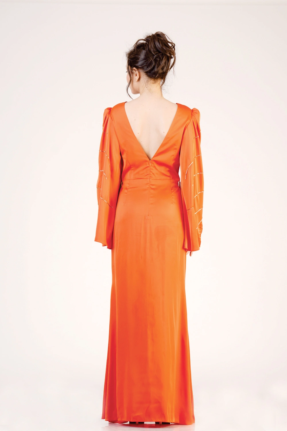 Orange Satin Bell-Sleeve Maxi Dress - Image 9