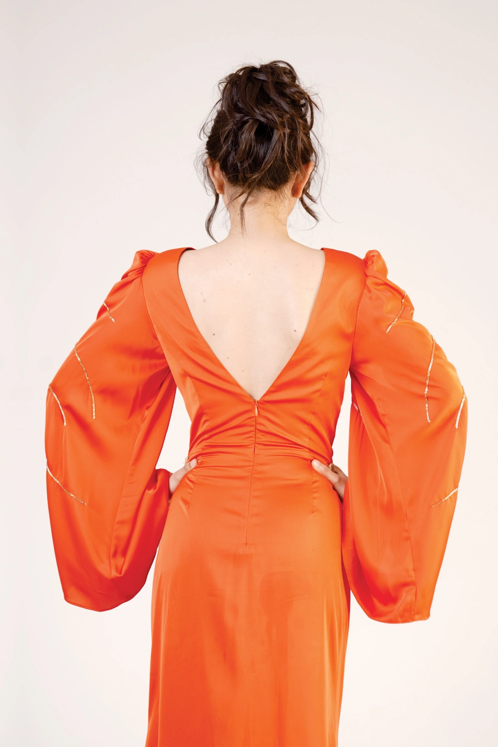 Orange Satin Bell-Sleeve Maxi Dress - Image 8