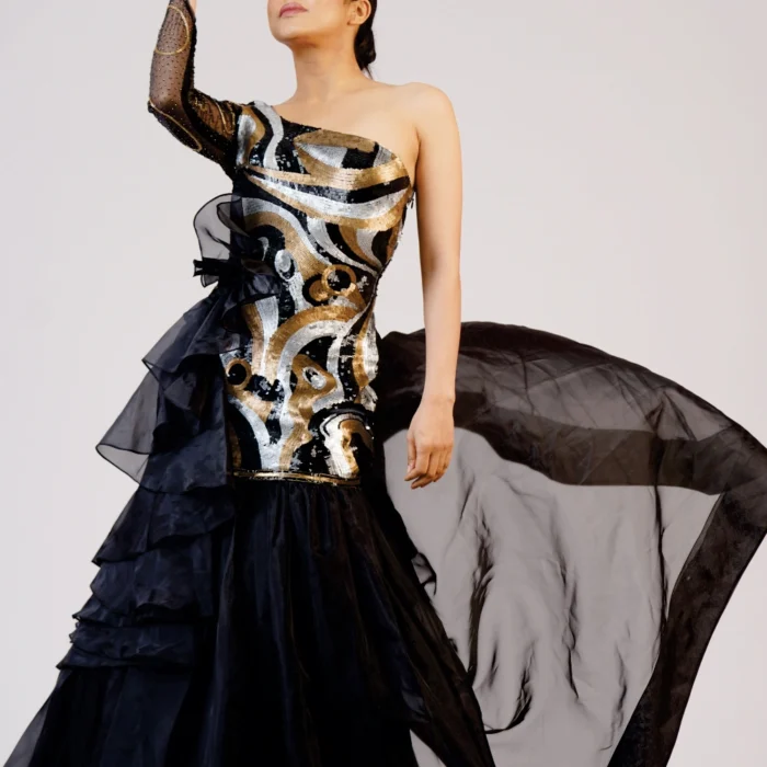 Black & Gold One-Shoulder Embellished Gown