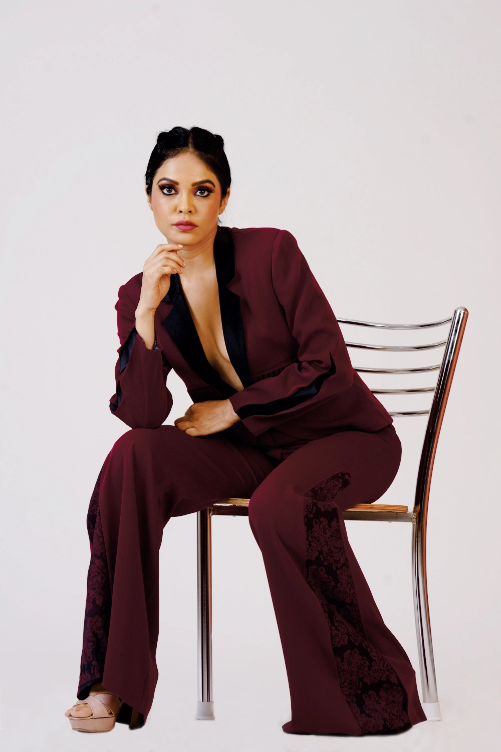 Burgundy Tuxedo Flared Trouser Set - Image 13