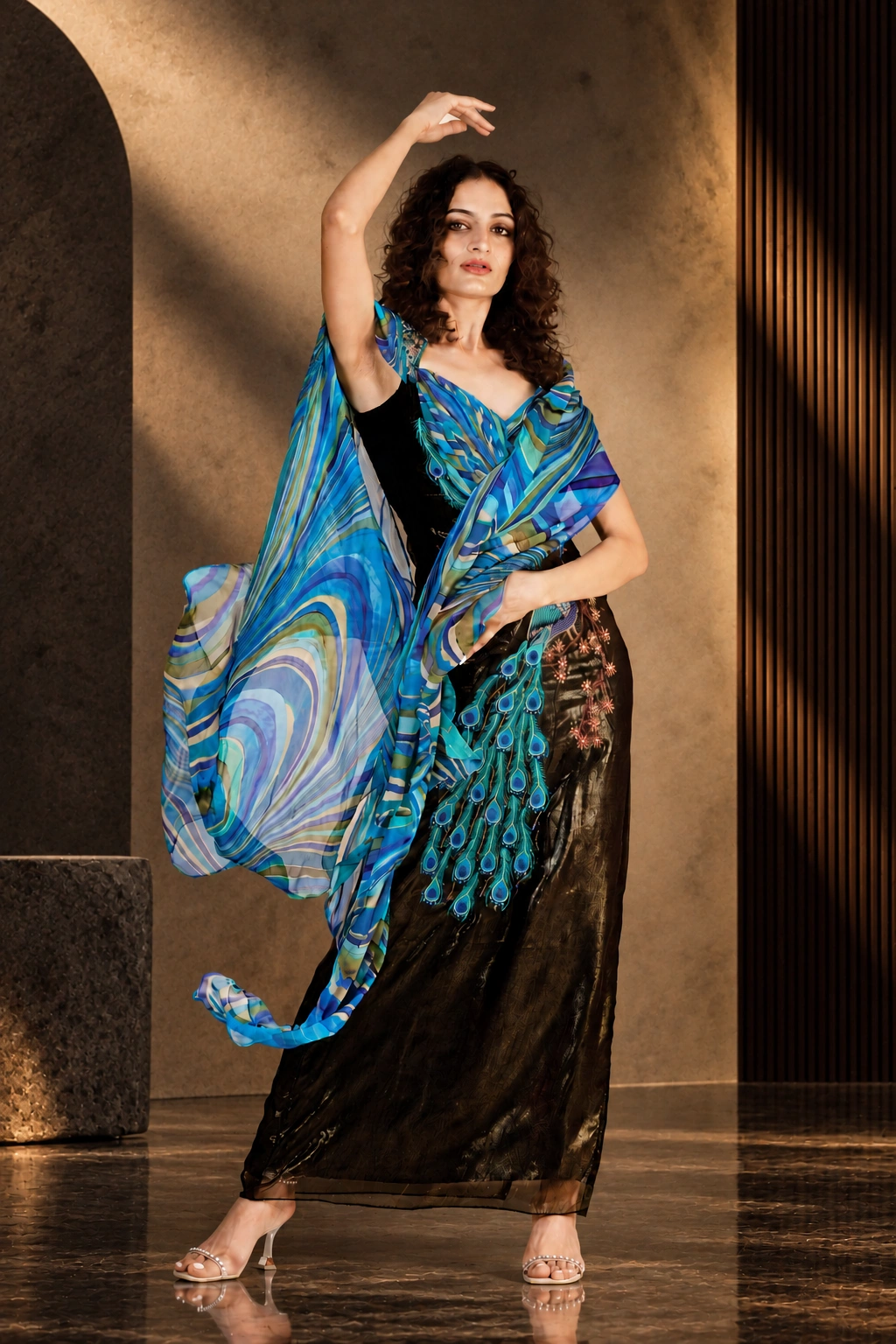 Black Peacock Embroidered Maxi Dress with Draped Cape