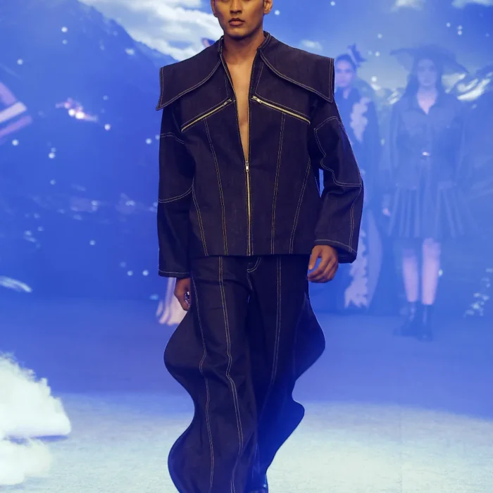 Men’s midnight denim jacket and wide-leg trouser co-ord set by Vestito Exclusiva