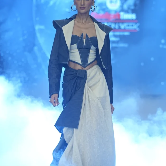 Midnight blue and ivory women's denim saree-inspired co-ord set by Vestito Exclusiva