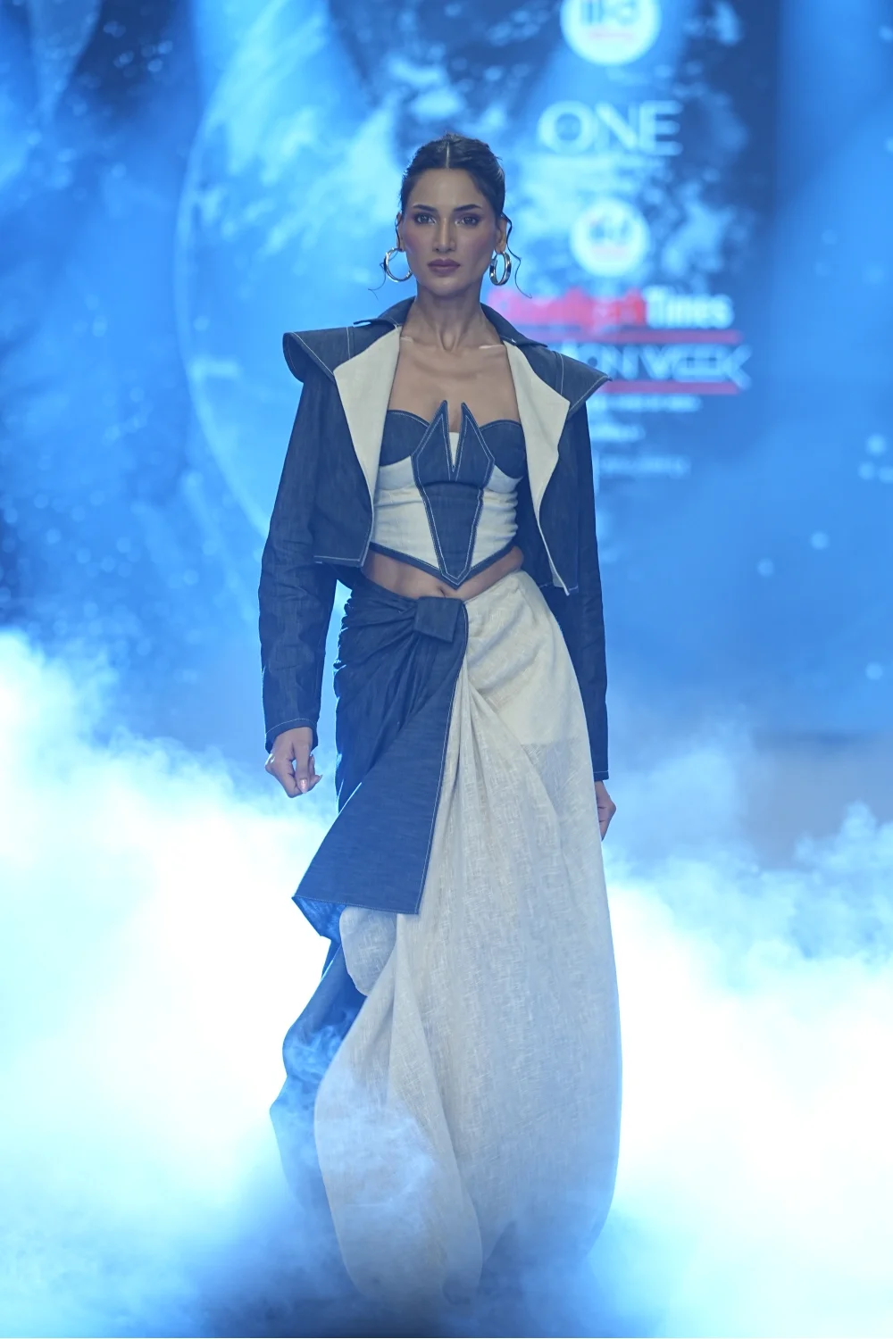 Midnight blue and ivory women's denim saree-inspired co-ord set by Vestito Exclusiva