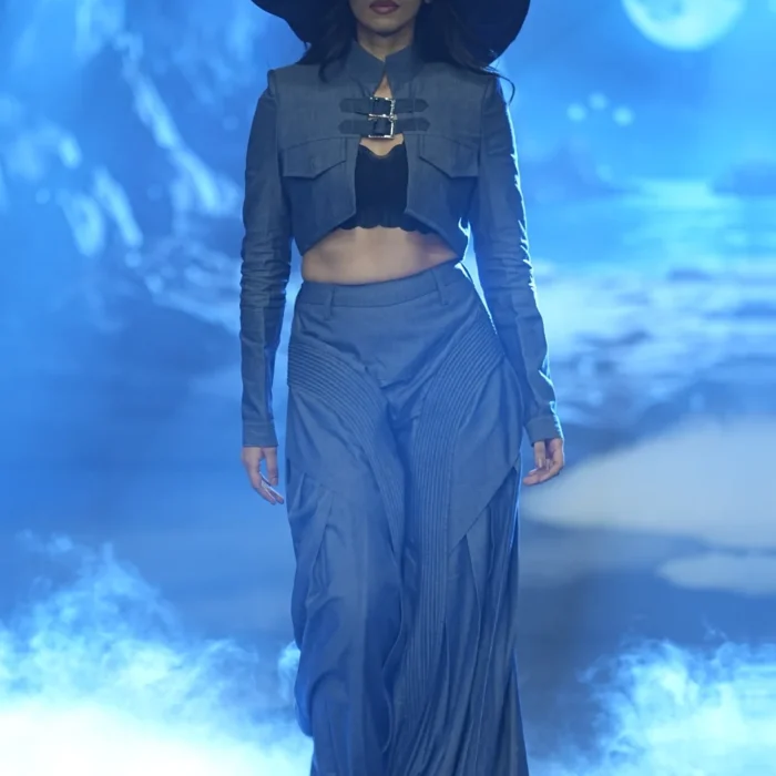 Midnight blue women's denim jacket and maxi skirt co-ord set by Vestito Exclusiva
