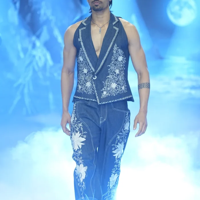 Men’s midnight blue embroidered denim waistcoat and trouser co-ord set by Vestito Exclusiva