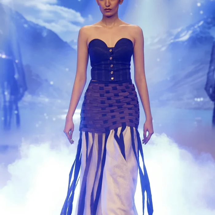 Midnight woven denim corset maxi dress with ivory panels by Vestito Exclusiva