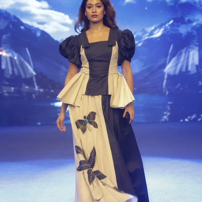 Midnight Butterfly women's denim maxi dress in navy and cream by Vestito Exclusiva