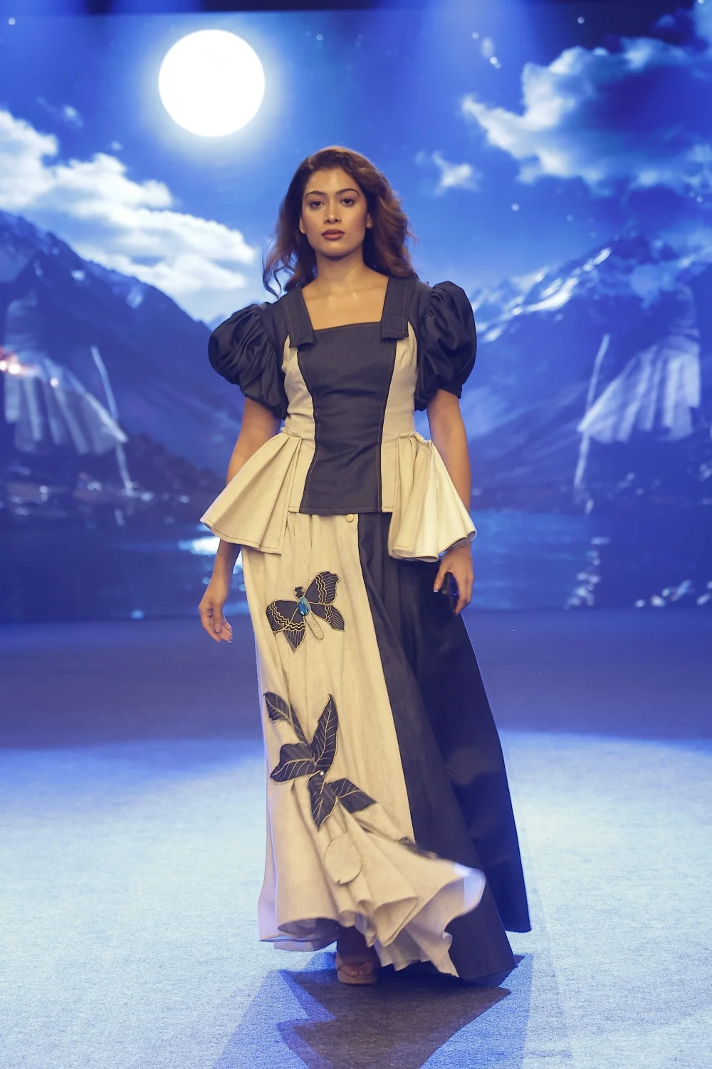 Midnight Butterfly women's denim maxi dress in navy and cream by Vestito Exclusiva