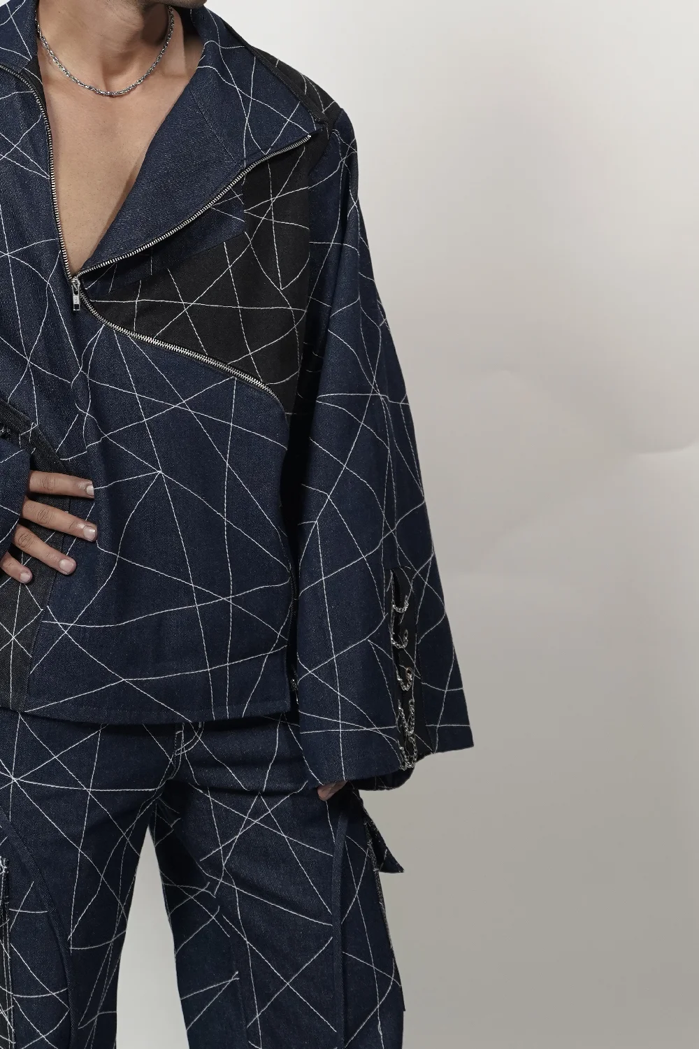 Midnight Linear Stitch Denim Jacket & Trouser Co-Ord Set - Image 2