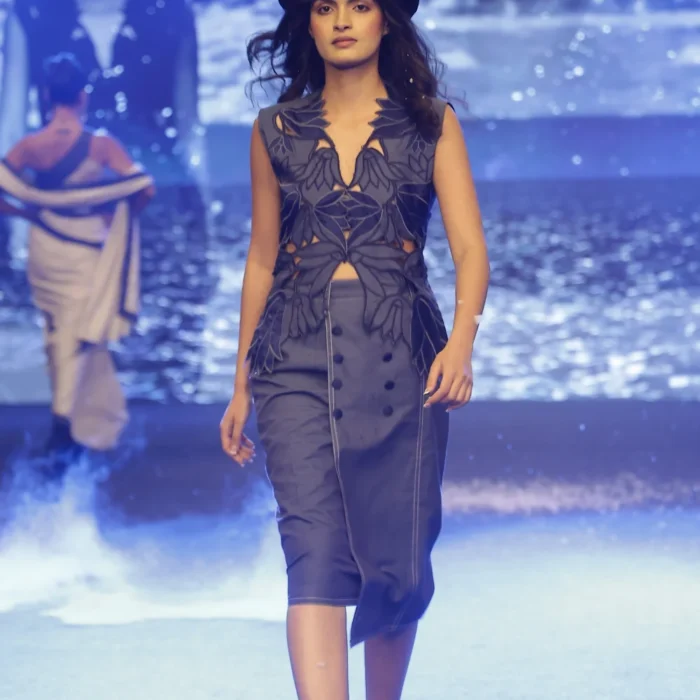 Midnight Botanical Embroidered Denim Midi Dress