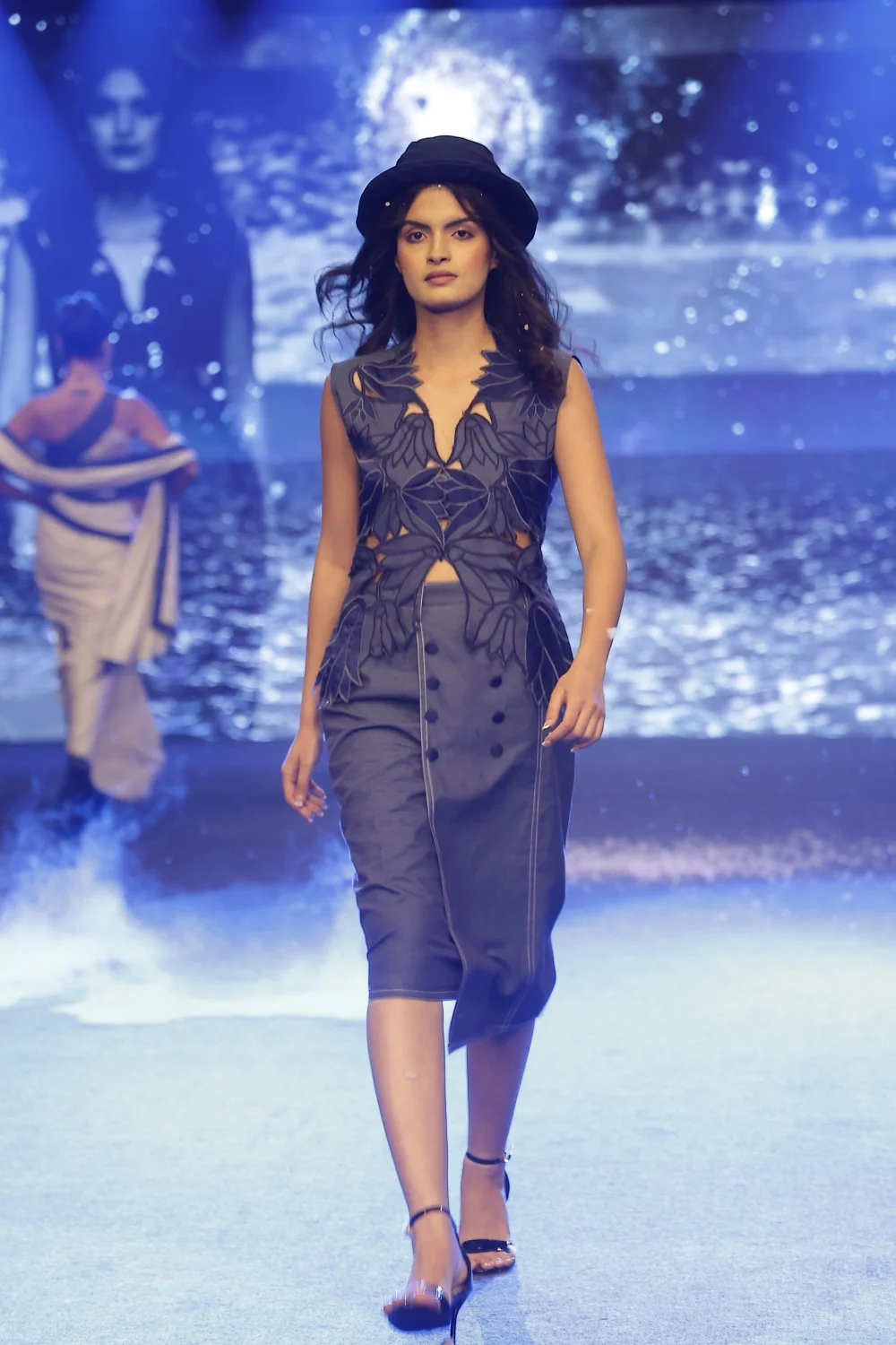Midnight Botanical Embroidered Denim Midi Dress