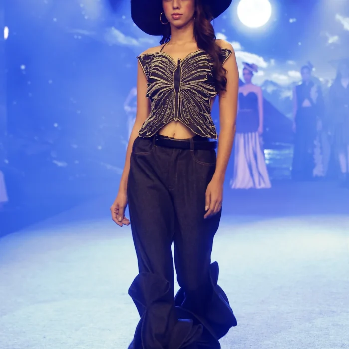 Midnight Butterfly women's black denim flare co-ord set by Vestito Exclusiva
