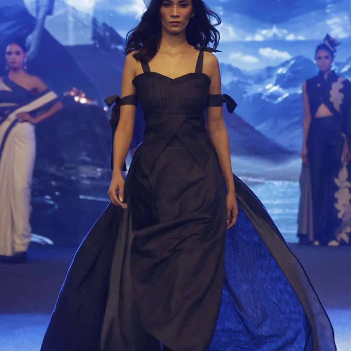 Midnight women's denim maxi gown with flowing train by Vestito Exclusiva