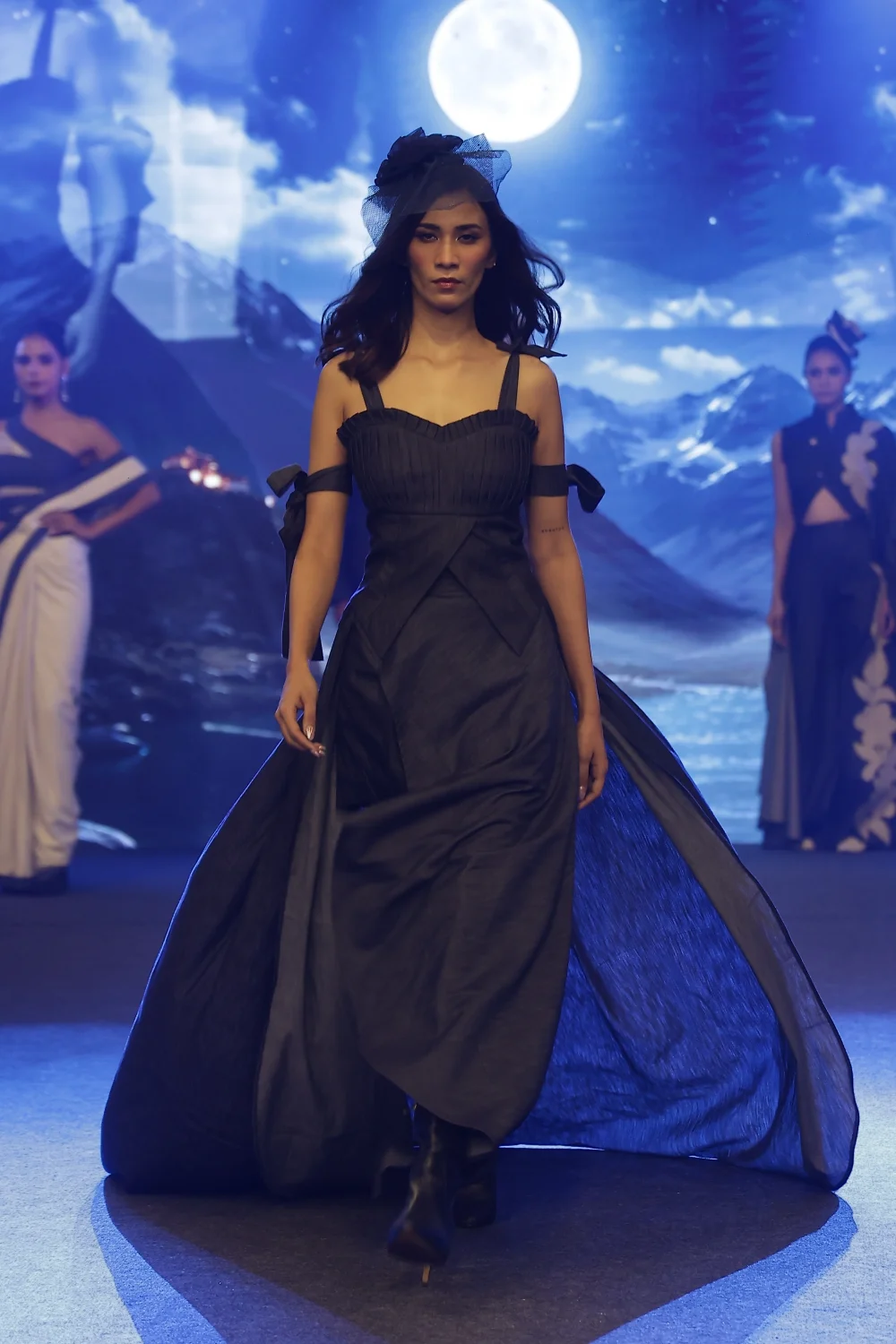 Midnight women's denim maxi gown with flowing train by Vestito Exclusiva