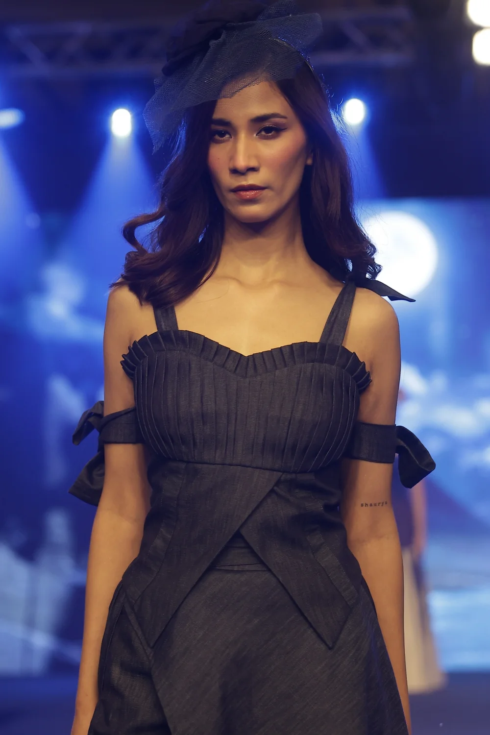Midnight Denim Draped Train Maxi Gown - Image 2