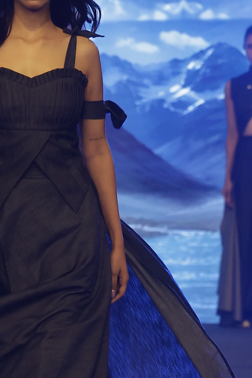 Midnight Denim Draped Train Maxi Gown - Image 5